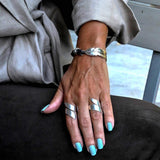 Unode50 style silver leaf necklace, bracelet and ring set, chunky leaf-shaped jewels