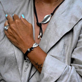 Unode50 style silver leaf necklace, bracelet and ring set, chunky leaf-shaped jewels