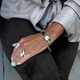 Unode50 style silver leaf necklace, bracelet and ring set, chunky leaf-shaped jewels
