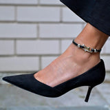 Leather and metal shark anklet with black leather, silver shark charm, chunky layered design, and extension chain