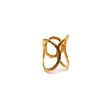 Hammered gold-plated adjustable ring with a geometric circular design, featuring hollow shapes and a textured finish.