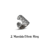 Bohemian-style Mandala ethnic ring in silver with intricate floral and wave patterns, featuring an adjustable design.