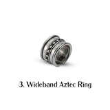 Wideband Aztec Ring with silver metallic finish, featuring layered designs and circular detailing, adjustable size.
