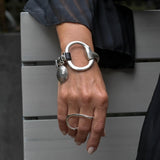 Standout black leather and horsebit metal made in the Uno de 50 style, equestrian cuff bracelet