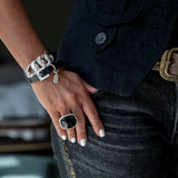 Double wrap leather and chain bracelet, chunky link chain cuff with buckle