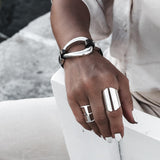 Black leather and metal bracelet, edgy standout cuff for a rock style look, unisex