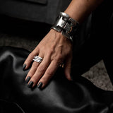 Unique wide arm cuff with leather in unode50 style, unisex bold and edgy armer bracelet