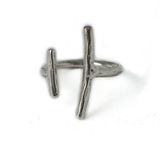 Adjustable silver-plated bar ring with a unique irregular design featuring two distinct bars.
