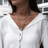 Edgy chic snake chain with shell pearl tooth pendant, Classy stainless steel wrap necklace with mother of pearl tooth