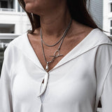 Edgy chic snake chain with shell pearl tooth pendant, Classy stainless steel wrap necklace with mother of pearl tooth
