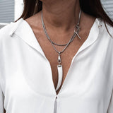 Edgy chic snake chain with shell pearl tooth pendant, Classy stainless steel wrap necklace with mother of pearl tooth