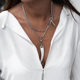 Edgy chic snake chain with shell pearl tooth pendant, Classy stainless steel wrap necklace with mother of pearl tooth