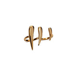 Funky double finger ring with 18K gold plating and sharp geometric horn design, adjustable from sizes 7 to 8.