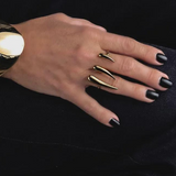 Adjustable double finger horns ring in 18K gold plated stainless steel, featuring a sharp, geometric design.