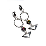 Colorful geometric dangle earrings featuring reflective Swarovski crystals, silver-tone metal, and modern angular design.