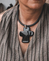 Large Black Asymmetric Cross Necklace, Thick Leather Cord Choker, Gothic Punk Cross Pendant, Statement Cross Dangles, Grunge Jewelry