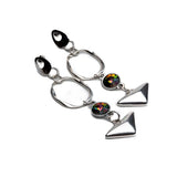 Long geometric dangle earrings featuring colorful Swarovski crystals, silver-plated metal, and modern Art Deco design.