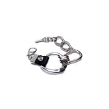 Bold silver large hoop bracelet featuring a horse bit design, paired with genuine black leather accents.
