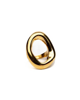 Chunky gold-plated stainless steel donut ring with an irregular geometric shape, showcasing a shiny modern design.