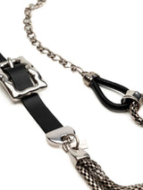 Edgy black leather choker with chunky steel buckle and long snake chains, showcasing a bold gothic style.
