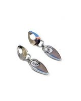 Pair of silver earrings with leaf-shaped designs on a white background