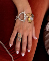 Hand wearing a silver bracelet with charms and a gold ring on a red background