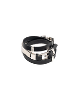 A black leather wrap bracelet with a wide silver-tone metal band and silver buckle, shown on a plain white background.
