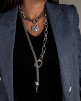 Antique plated steel choker and long necklace set featuring a tiger head pendant, styled in layered chains.