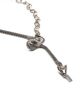 Antique plated steel long necklace featuring a knotted snake chain that connects to a detailed tiger head pendant.