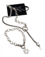 Antique plated steel choker and long necklace set featuring a tiger head pendant and a suede gift pouch.