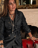 Choker with tiger head pendant and long necklace layered over a denim jacket, showcasing antique plated steel chains.