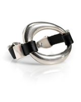 Edgy black leather and silver-covered metal bracelet with a distinctive oval design, featuring an adjustable fit.