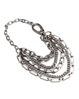 Silver-tone layered choker necklace with multi-strand chains and a large swivel lobster clasp as a focal detail.