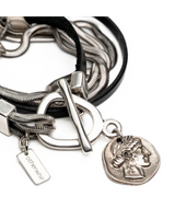 Silver necklace with a pendant and toggle clasp on a white background