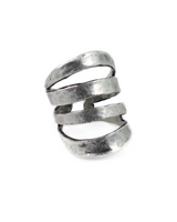 Funky hammered silver-plated metal ring with a unique spiral design, adjustable fit for everyday wear.