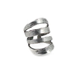 Funky hammered silver-plated metal ring with a unique spiral design, adjustable fit for everyday wear.