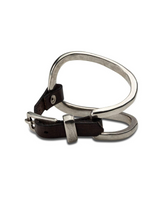 Metal ring with brown leather strap on a white background
