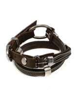 Brown leather bracelet with silver accents on a white background