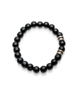 Black beaded bracelet with silver accents on a white background