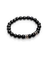 Black beaded bracelet with silver accents on a white background