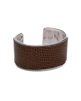 Brown crocodile-patterned cuff bracelet on a white background