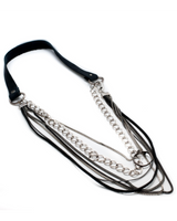 Multi-layered necklace with black strap on a white background