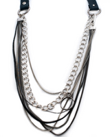 Multi-layered necklace with various chains on a white background