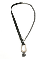 Necklace with black strap and silver clasp on a white background