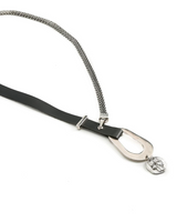 Black leather belt with silver buckle and chain on a white background