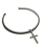 Silver choker necklace with a cross pendant on a white background