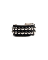 A wide black cuff bracelet featuring three horizontal rows of polished silver-tone round beads, photographed on a clean white background.