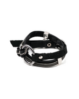 Black leather bracelet with silver hardware on a white background