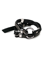 Black leather bracelet with silver hardware on a white background