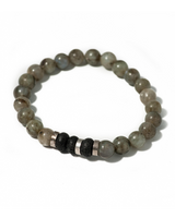 Beaded bracelet with gray and black stones on a white background